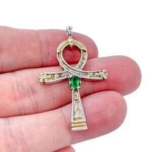Estate Sterling Silver 925 Green Cubic Zirconia Egyptian Ankh Cross Pendant